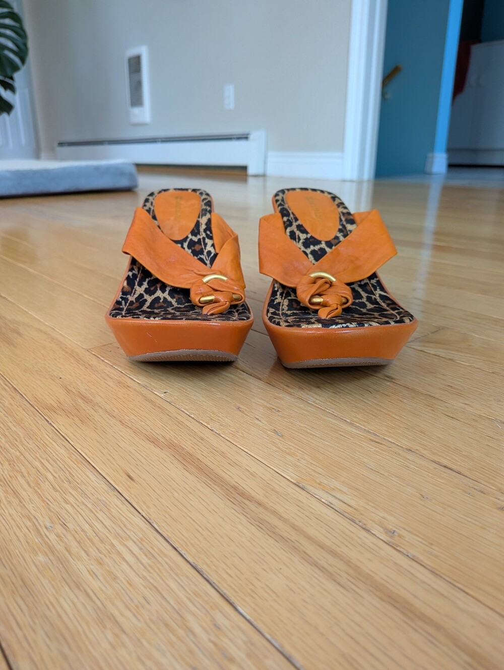 Naturalizer Lusie Orange Leather Leopard Print Wedge Sandals Size 8M - Picture 4 of 9